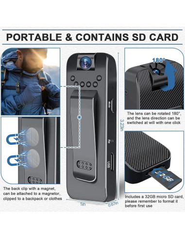 Cámara Corporal GXSSTO HD 1080P con Pantalla y SD 32GB