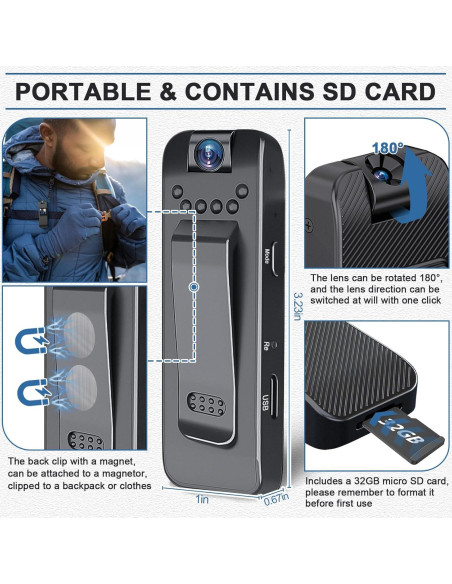 Cámara Corporal GXSSTO HD 1080P con Pantalla y SD 32GB