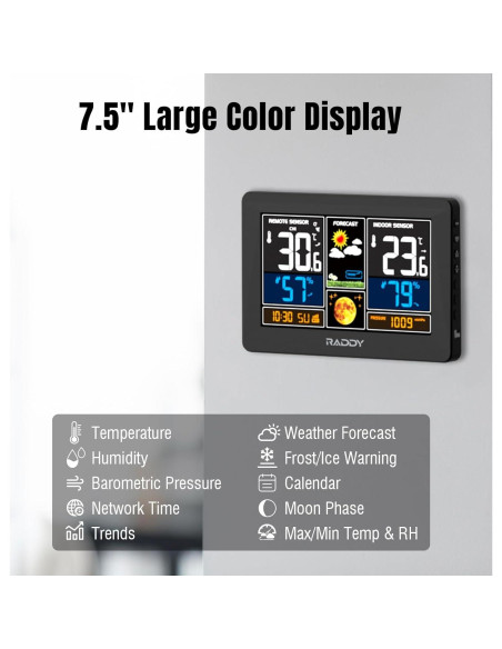 Estación Meteorológica Wi-Fi Raddy N75 Pantalla 19.05 cm