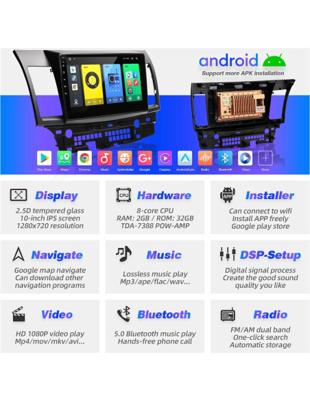 Radio Android 10" SizxNanv para Lancer 2008-2017 Bluetooth GPS