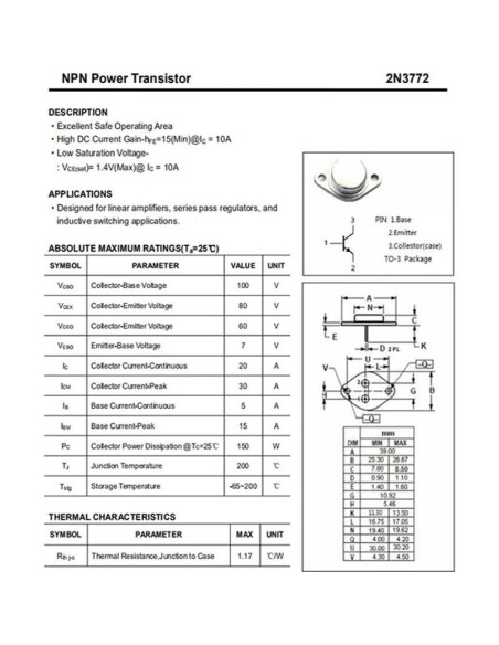 Transistor NPN 2N3772 YEGAFE 150W 20A Amplificador