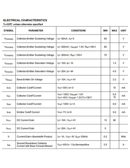 Transistor NPN 2N3772 YEGAFE 150W 20A Amplificador