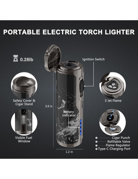 Encendedor de Cigarros LIHTUN Eléctrico Triple Llama Negro