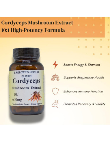 Extracto de Hongo Cordyceps 10:1 Barlowe 600mg 60 Cápsulas Veganas