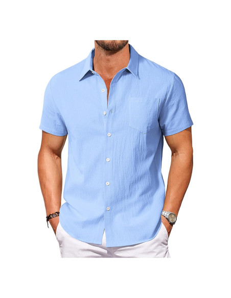 Camisa de Manga Corta Vssjavun para Hombre Algodón Azul Claro