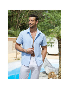 Camisa de Manga Corta Vssjavun para Hombre Algodón Azul Claro 2