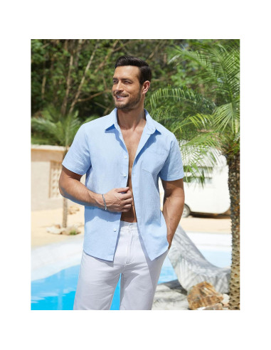 Camisa de Manga Corta Vssjavun para Hombre Algodón Azul Claro