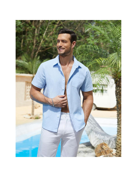 Camisa de Manga Corta Vssjavun para Hombre Algodón Azul Claro