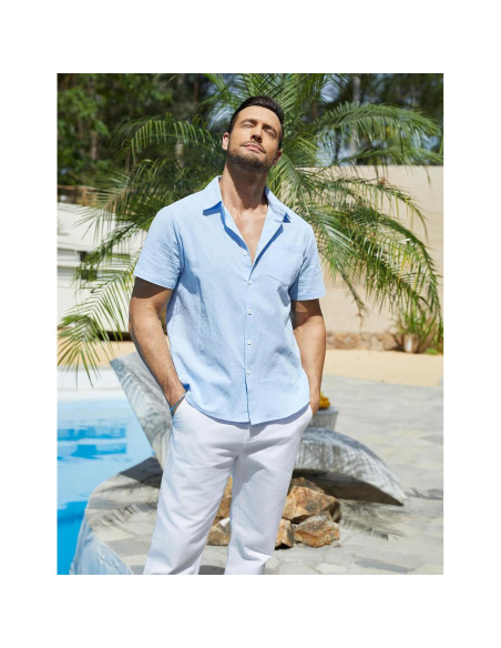 Camisa de Manga Corta Vssjavun para Hombre Algodón Azul Claro