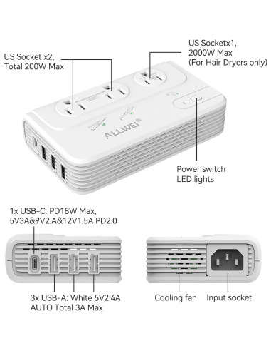 Convertidor de Voltaje ALLWEI 2000W 220V a 110V para Viajes