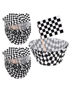 100 Forros y Palillos de Cupcake a Cuadros Hmxpls - Fiesta Coche