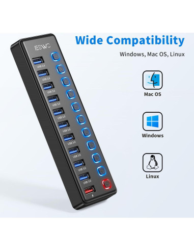 Hub USB 3.0 JESWO 11 Puertos con Carga Inteligente 36W