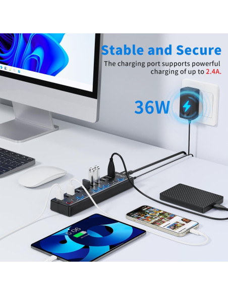 Hub USB 3.0 JESWO 11 Puertos con Carga Inteligente 36W