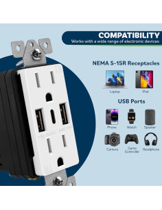 Enchufe USB de Pared TOPGREENER 3 Puertos 3.6A 15A Blanco - 2 Pcs 2