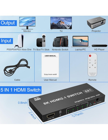 Conmutador HDMI 8K 5 en 1 Diliichar con Control Remoto