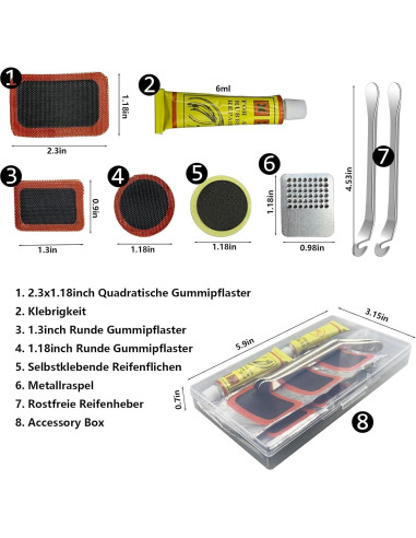 Kit de Reparación de Neumáticos de Bicicleta Qgond - 8 Parches, 3 Raspadores, 2 Palancas y Pegamento