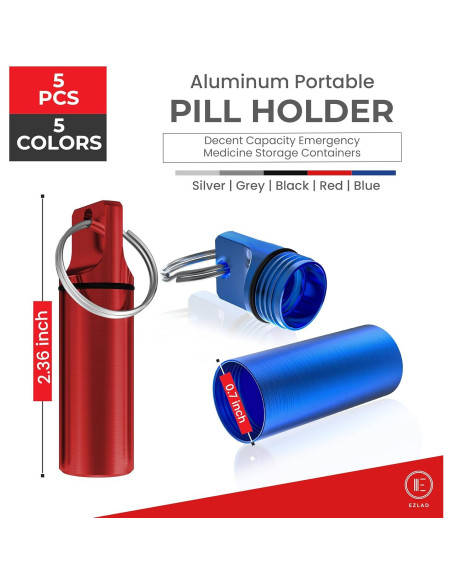 Portapíldoras de Llavero EZLAD - Paquete de 5, Aluminio a Prueba de Agua