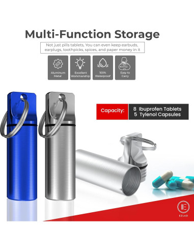 Portapíldoras de Llavero EZLAD - Paquete de 5, Aluminio a Prueba de Agua