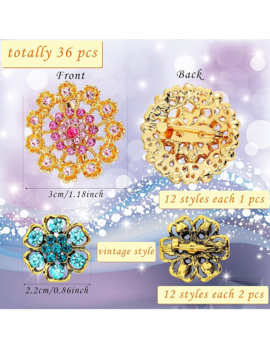 36 Broches de Flores Vintage con Rhinestone para Mujeres - Joyería Retro