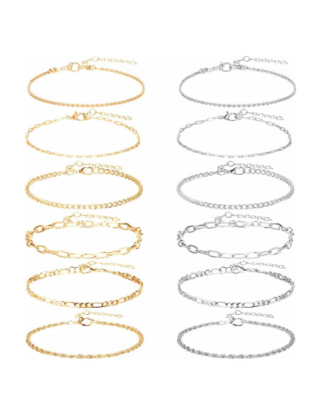 12 Pulseras de Tobillo Oro y Plata para Mujeres 14k Ajustables