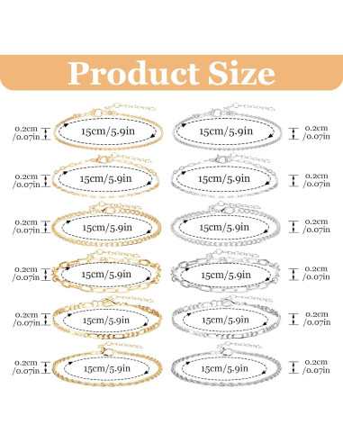 12 Pulseras de Tobillo Oro y Plata para Mujeres 14k Ajustables