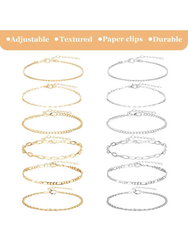 12 Pulseras de Tobillo Oro y Plata para Mujeres 14k Ajustables