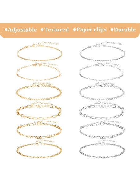 12 Pulseras de Tobillo Oro y Plata para Mujeres 14k Ajustables