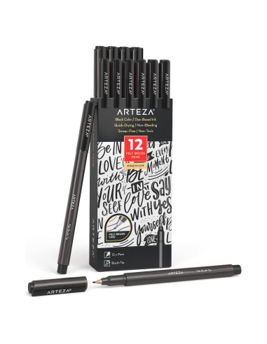 Marcadores de Pincel ARTEZA Set de 12 Negros 0.5mm No Tóxicos