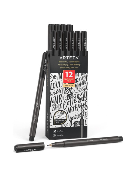 Marcadores de Pincel ARTEZA Set de 12 Negros 0.5mm No Tóxicos