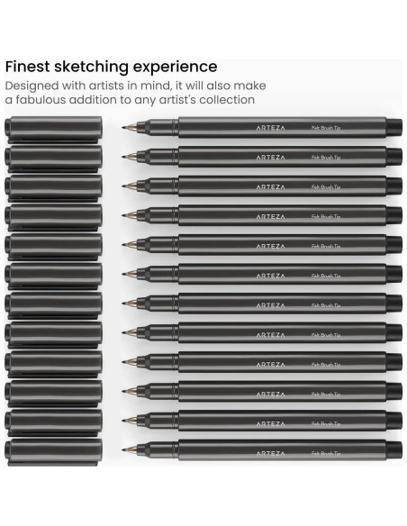 Marcadores de Pincel ARTEZA Set de 12 Negros 0.5mm No Tóxicos
