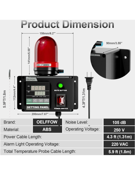 Alarma de Temperatura 250V Minyu LBT-080-BJ-03, 105dB