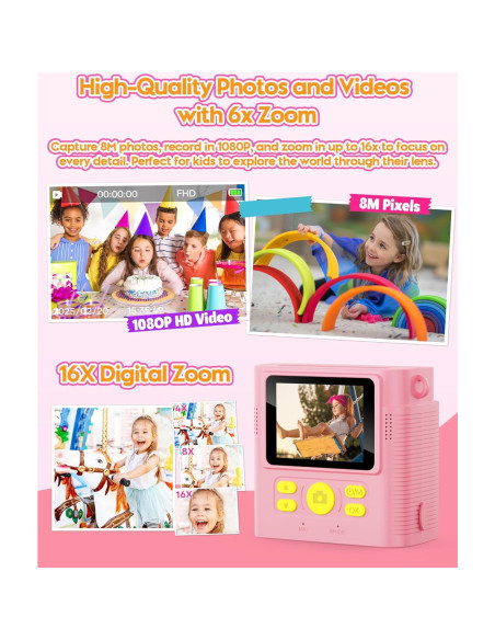 Cámara Instantánea para Niños WONNIE 1080P Rosa 32GB