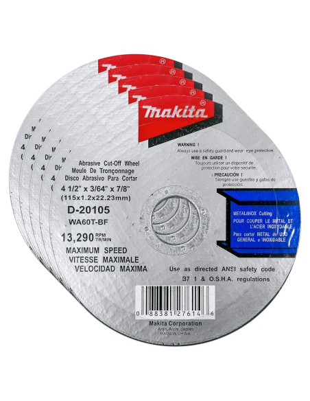 Discos de Corte Makita 4.5" Pack 5 para Metal y Acero Inoxidable