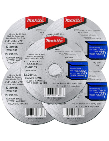 Discos de Corte Makita 4.5" Pack 5 para Metal y Acero Inoxidable