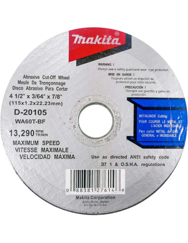 Discos de Corte Makita 4.5" Pack 5 para Metal y Acero Inoxidable
