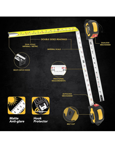Cinta Métrica LEXIVON 25ft/7.5m Doble Cara AutoLock
