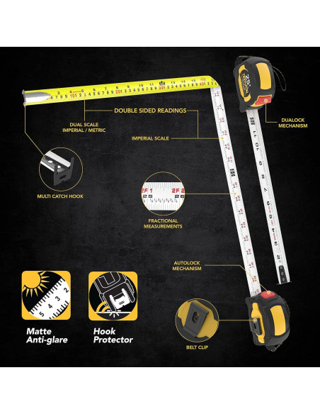 Cinta Métrica LEXIVON 25ft/7.5m Doble Cara AutoLock