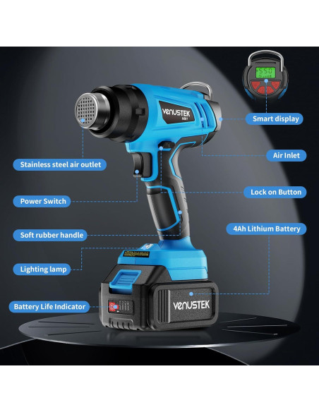 Pistola de Calor Inalámbrica VENUSTEK 20V 2 Baterías 4.0Ah