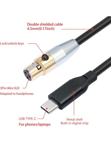 Cable de auriculares HUALEU USB C a XLR mini 3 pines 0.91m