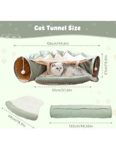 Cueva Túnel para Gatos Teeloray 126 cm Verde con Cama Lavable 2