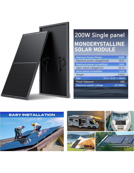 Panel Solar 200W WERCHTAY Monocristalino 12V Alta Eficiencia