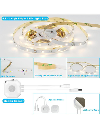 Tira de Luz LED GXILEE 3m con Sensor de Movimiento 3000K