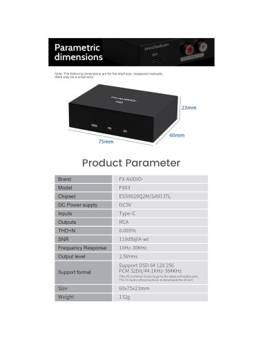 DAC USB-C FX-Audio FX03 384kHz RCA DSD 256 para Audio
