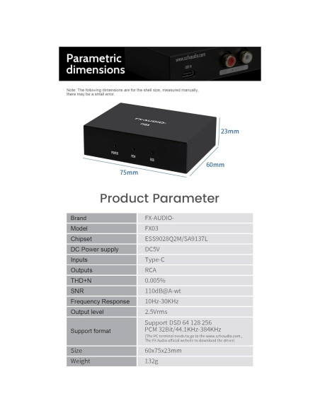 DAC USB-C FX-Audio FX03 384kHz RCA DSD 256 para Audio