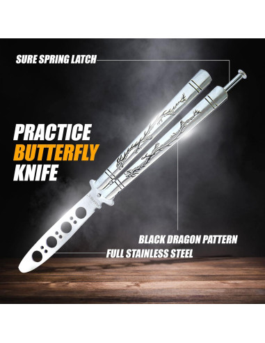 Entrenador de cuchillo mariposa VORNNEX plata 23.2 cm acero inoxidable