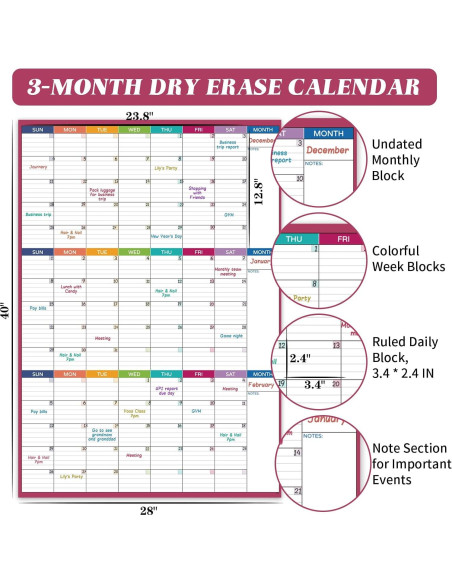 Calendario de Pizarra Blanca BooQool 3 Meses 71x101 cm