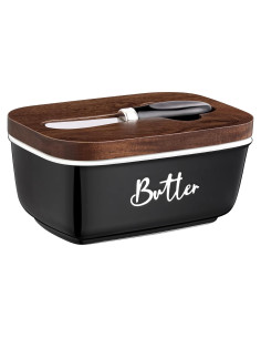 Plato de Mantequilla Cerámico ALELION Negro con Tapa de Acacia