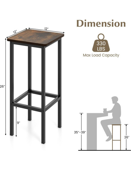 Conjunto de 4 Taburetes de Bar Metal Giantex 66 cm Madera Rústica
