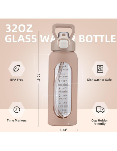 Botella de Agua de Vidrio SIEROZUR 946 ml con Pajilla y Asa