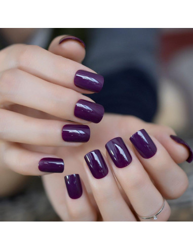 Uñas Postizas Cortas Cuadradas Moradas Brillantes Elevenail